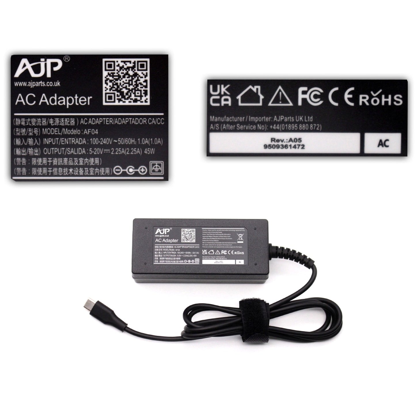 AJP 20V 2.25A 45W USB-C Tip Laptop Replacement AC Adapter Charger