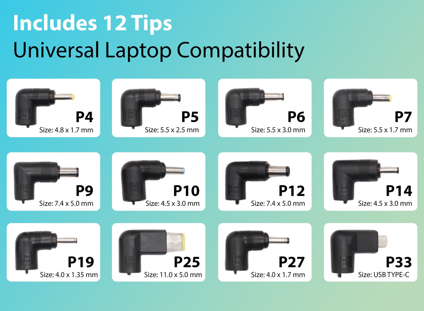 65W Universal Compatible Adapter Charger with 12 Interchangeable Connector pins For Laptop