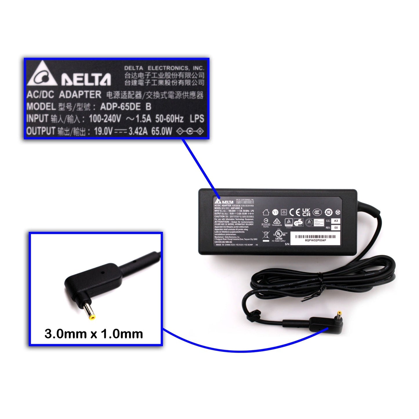 Acer TravelMate Vero TMV15-51-568G 65W Power Charger Delta Laptop Adapter - AJParts Canada