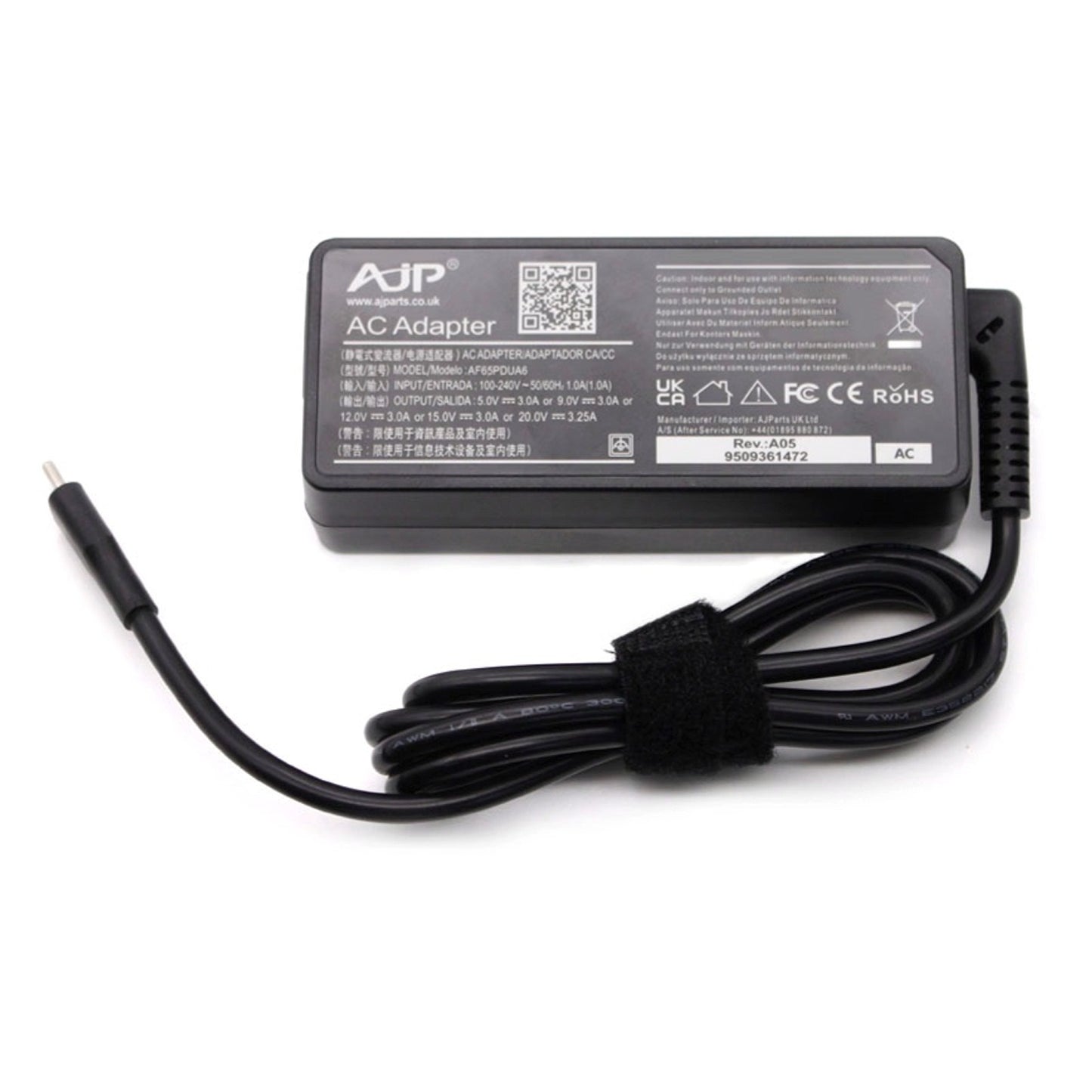 5V/3A, 9V/3A, 15V/3A 20V/3.25A 65W Type-C Black AJP Replacement Laptop AC Adapter