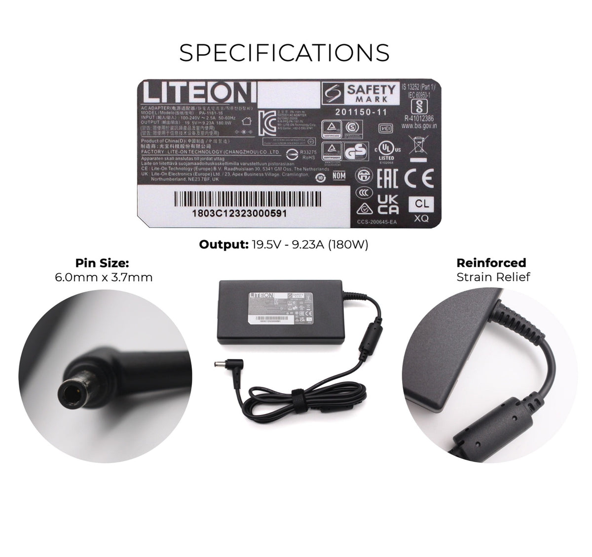 LITEON PA-1181-16 180W (19.5V 9.23A) 6.0mm x 3.7mm Tip Laptop AC Adapter Charger
