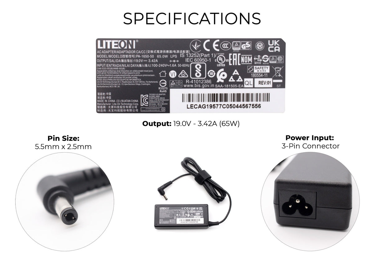 New LITEON 65W 19V 3.42A 5.5mm x 2.5mm Barrel Tip Laptop AC Adapter Charger